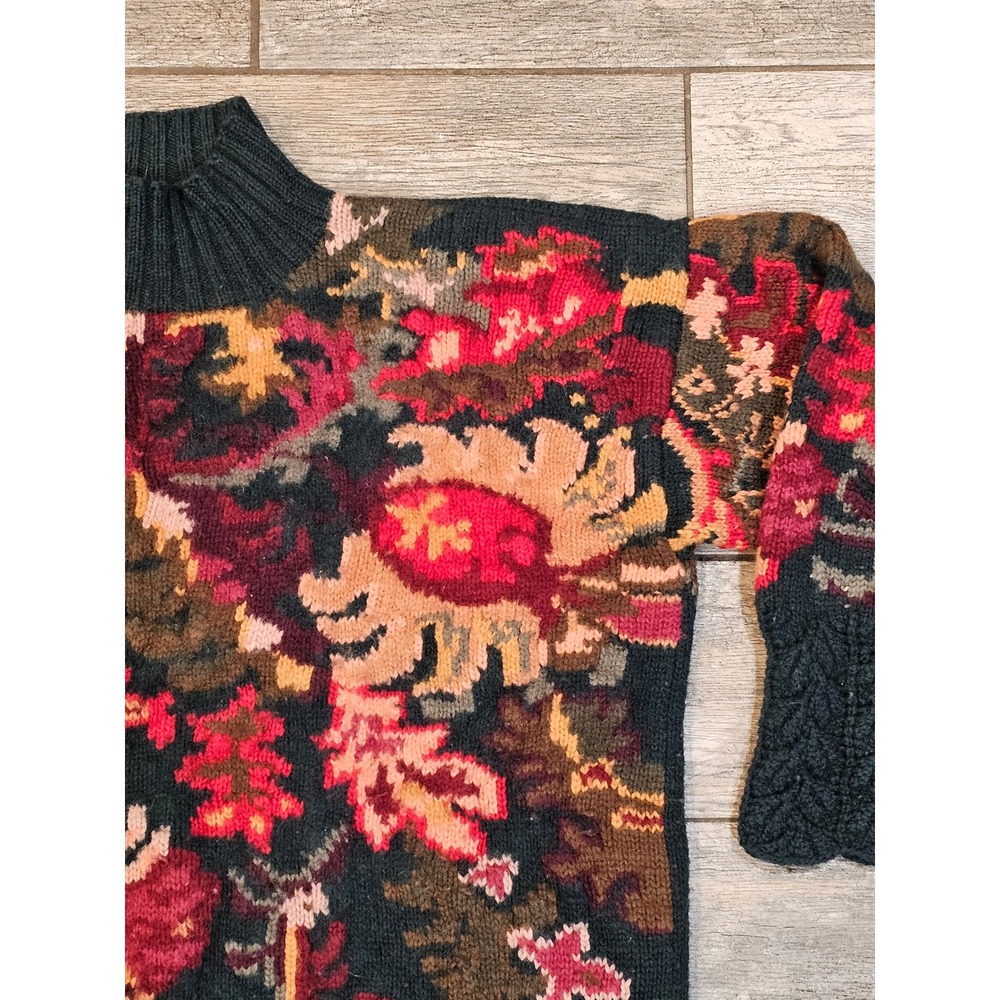 Vintage Nordstrom 100% Merino Wool Hand Knit Floral Turtle Neck Sweater - Picture 2 of 11